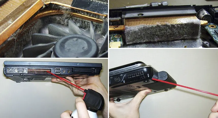 Damm blockerar fläktarna i en laptop