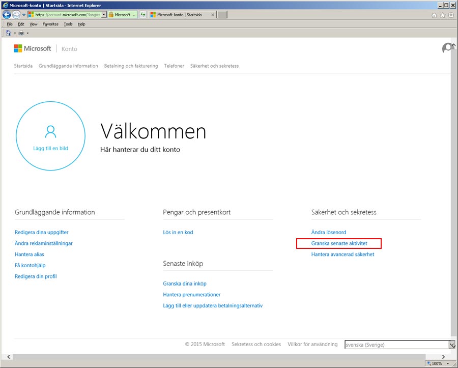 granska senaste aktivitet hotmail / msn epost
