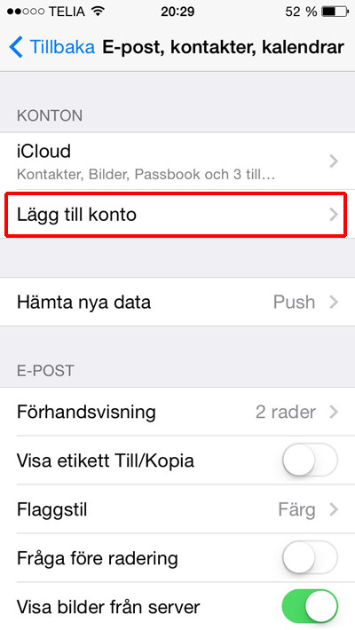 iphone inställningar epost lägg till konto